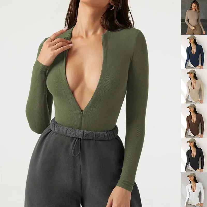 Long Sleeve Zipper Jumpsuit Fashion V-Neck Slim Fit - Bellarte Enchanté Long Sleeve Zipper Jumpsuit Fashion V-Neck Slim Fit